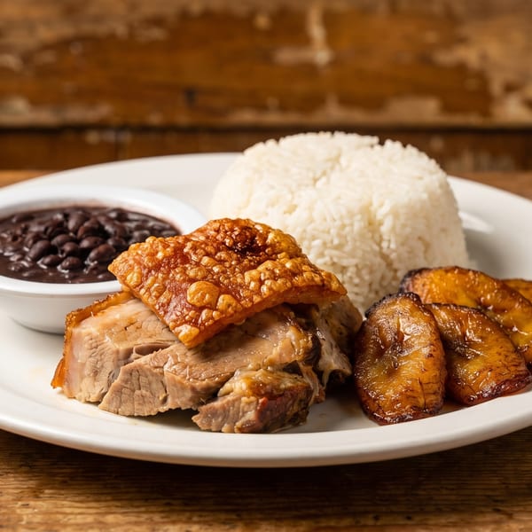 Crispy pork belly, white rice, black beans, and fried plantains on a white plate.