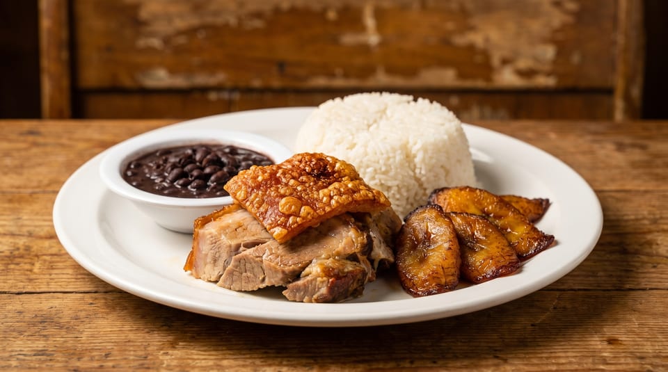 Crispy pork belly, white rice, black beans, and fried plantains on a white plate.