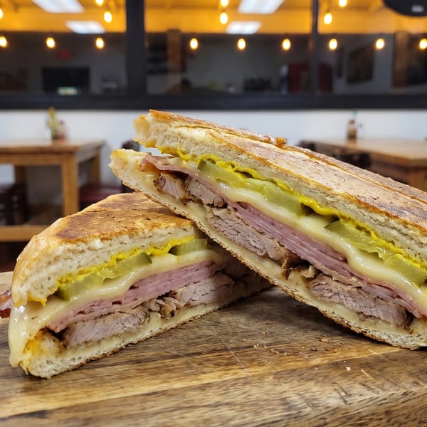 Cuban sandwich, cut in half, with ham, pork, cheese, pickles, and mustard on a wooden board.