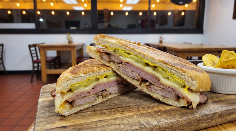 A Cuban sandwich, cut in half, with plantain chips on a wooden board in a restaurant.