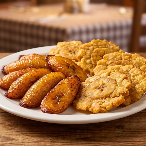 A white plate with golden fried sweet plantains and crispy tostones on a wooden table.
