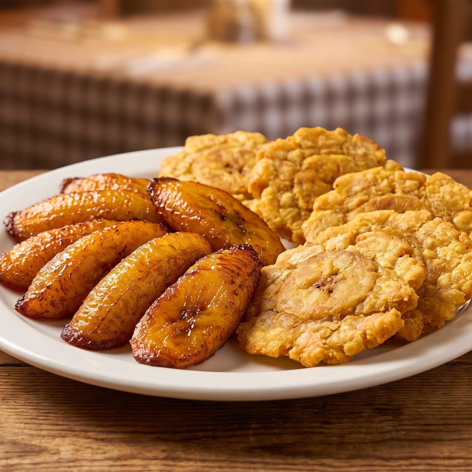 A white plate with golden fried sweet plantains and crispy tostones on a wooden table.