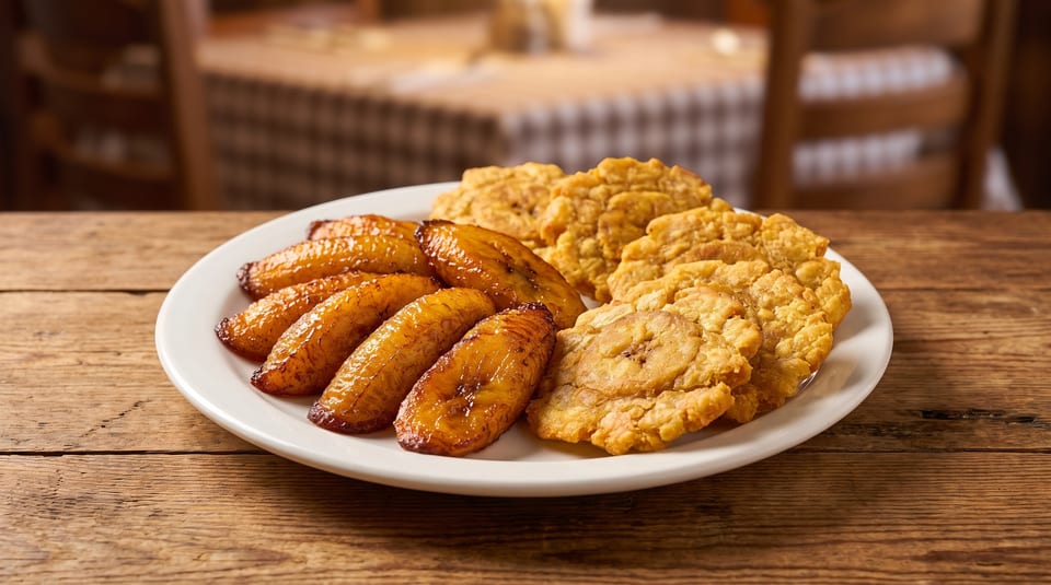 A white plate on a wooden table holds fried sweet plantains and crispy tostones.