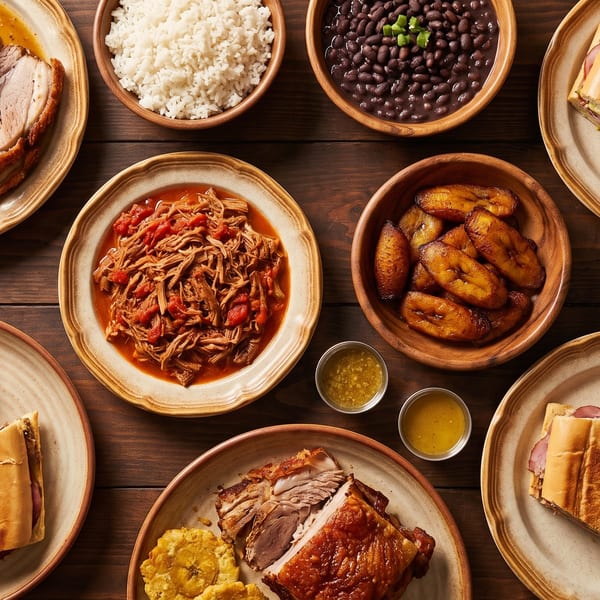 A wooden table laden with various Cuban dishes, including roasted pork, rice, beans, plantains, and Cuban sandwiches.