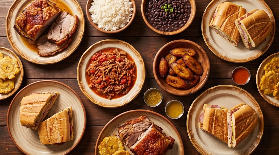 A wooden table laden with various Cuban dishes, including roasted pork, rice, beans, plantains, and sandwiches.