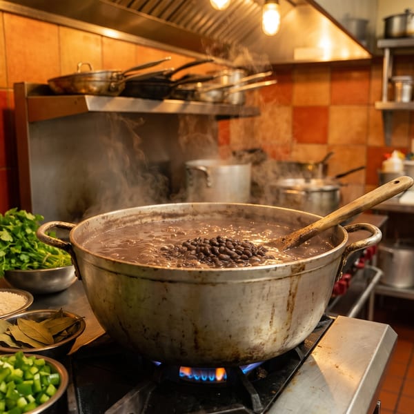 Steaming pot of black beans cooking on a gas stove in a commercial kitchen with ingredients nearby.