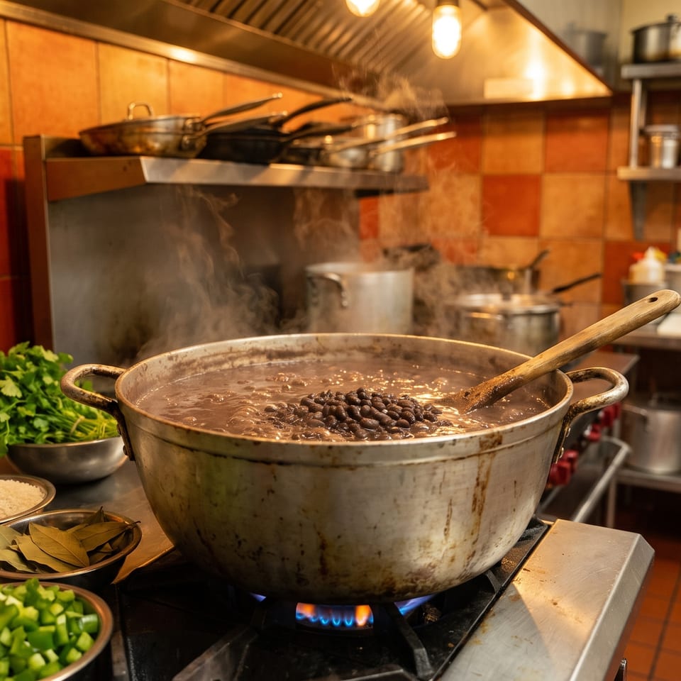 Steaming pot of black beans cooking on a gas stove in a commercial kitchen with ingredients nearby.