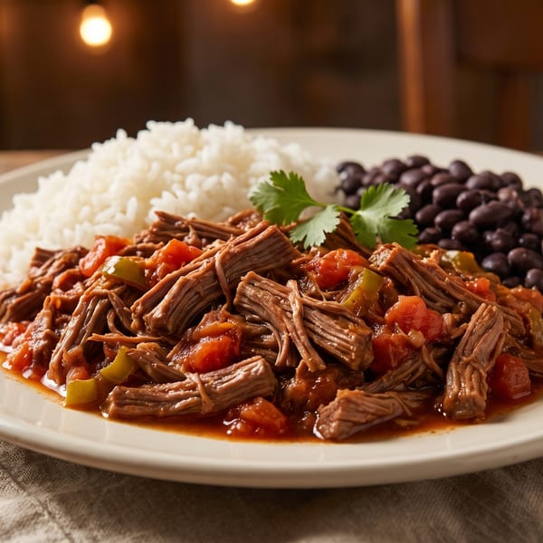 A plate of ropa vieja with white rice, black beans, and a cilantro garnish.