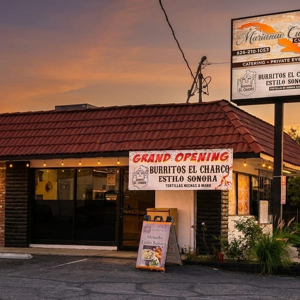 Marianao Cuban Cuisine restaurant exterior at sunset, with a "Grand Opening" banner and signs.