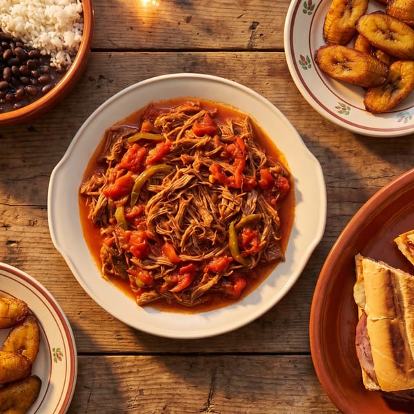 A Cuban feast with ropa vieja, black beans and rice, plantains, and a Cuban sandwich.