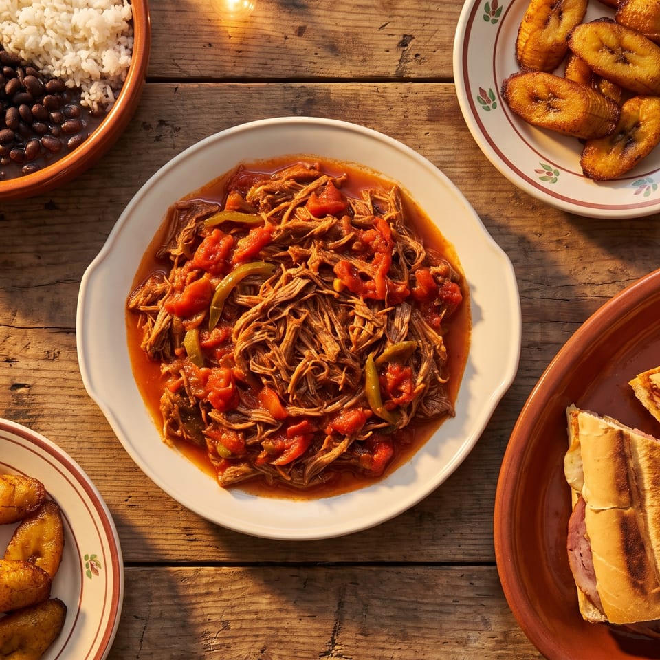 A Cuban feast with ropa vieja, black beans and rice, plantains, and a Cuban sandwich.