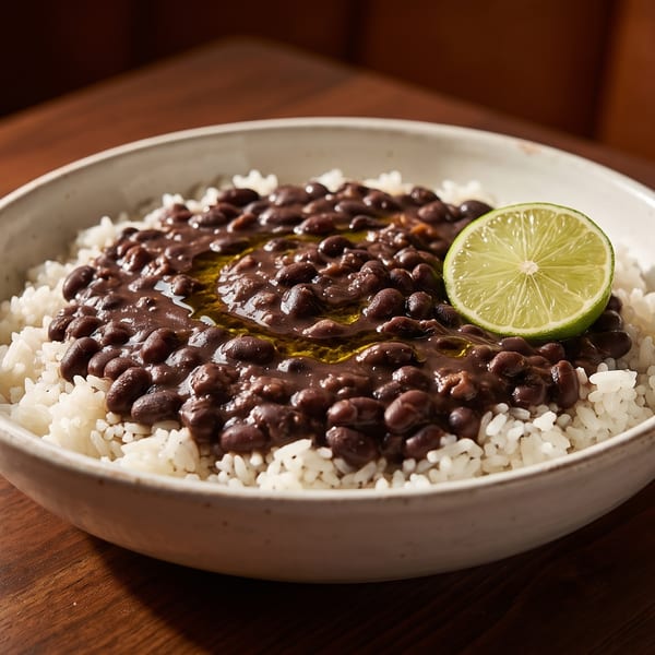 A bowl of black beans and rice with a lime wedge on a wooden table.