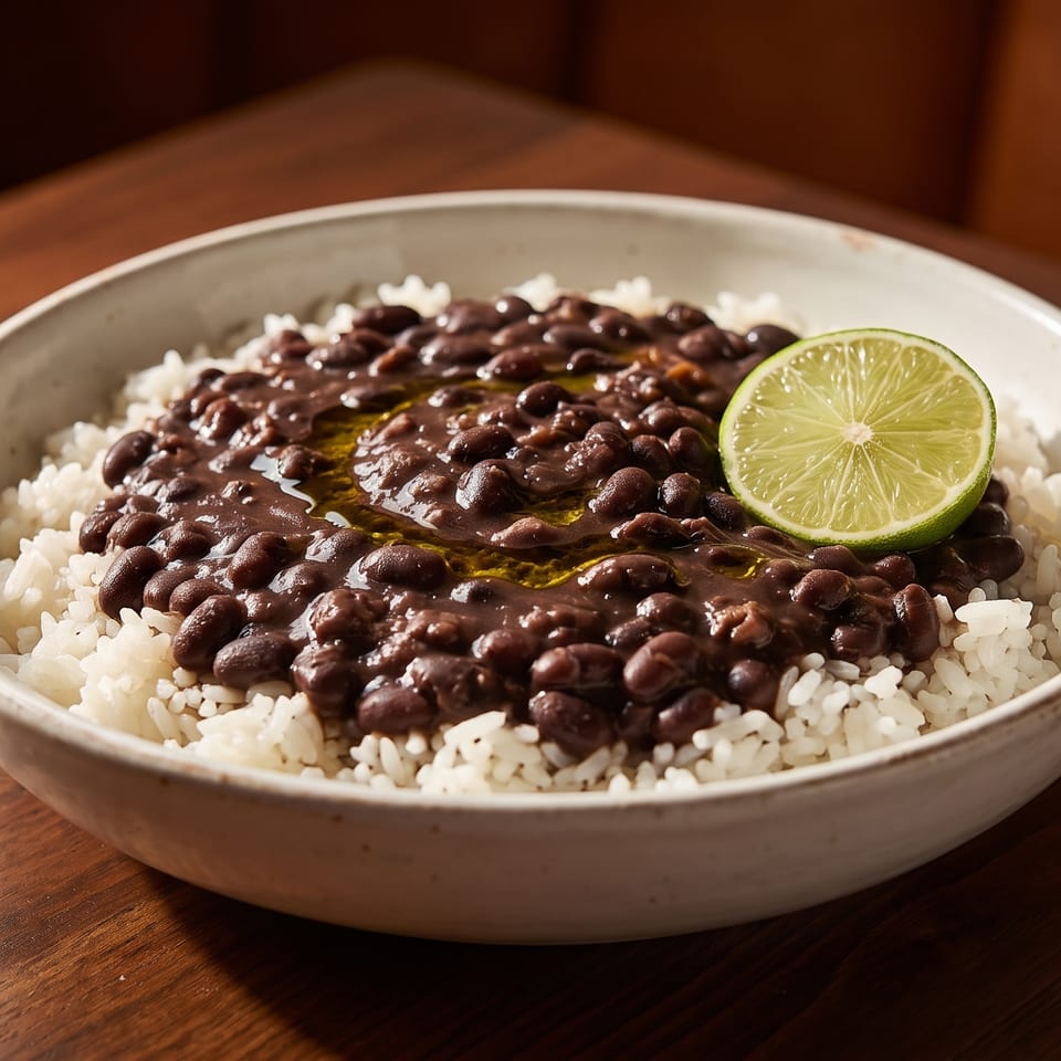 A bowl of black beans and rice with a lime wedge on a wooden table.